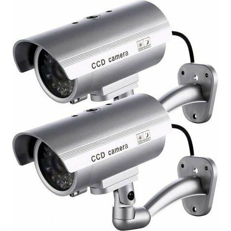 Set of 2 dummy cameras, dummy outdoor cameras for indoor or outdoor use, with bullet shape and flashing LED, RTGPT (Silver)