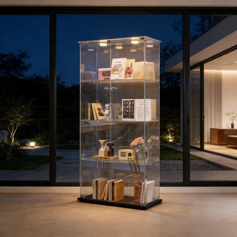Vitrine haute en verre avec porte et serrure, 4 étagères, éclairage LED, noir (1/5)