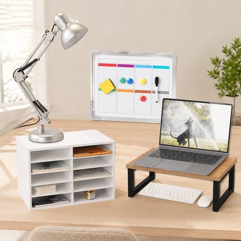 Conjunto de escritorio retro (4 piezas): lámpara plateada, soporte de bambú, pizarra blanca y elevador de monitor. (1/5)
