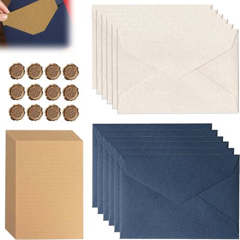 Lot de 44 feuilles de papier à lettre avec enveloppe, 12 enveloppes en lin (bleu, blanc) et 20 papiers à lettre A5 vintage et 12 sceaux de cire autocollants, lettre d'amour pour anniversaire, mariage (1/5)