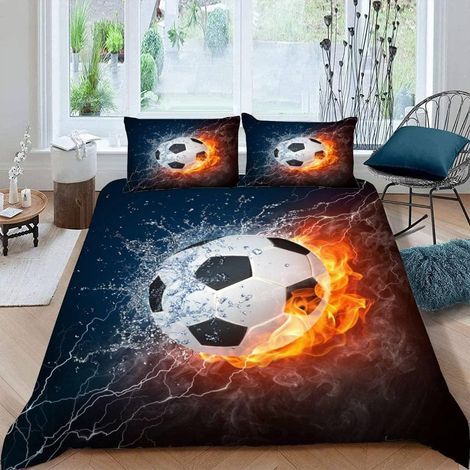 Housse de Couette Football 140x200 cm 1 Personne 3 Pièces Ultra Doux 3D Feu Frais Parure de Lit en Microfibre avec Fermeture éclair Enfant GarçOn Fille avec 2 Taies d'Oreillers 50x75 - 140x200cm+50x75 (1/5)