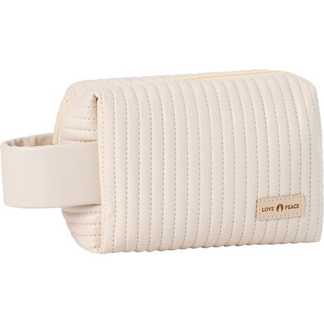 Trousse de toilette de voyage beige en cuir PU souple, grand format avec poignée et fermeture éclair, sac cosmétique portable à grande capacité (1/5)
