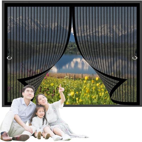 Moustiquaire Fenetre 79 x 127 cm Maintient L'Air Frais à L'Intérieur, Maille Ultra Fine, Installation Sans Perçage Moustiquaire Rideau pour Les Fenêtre de Multi Types, Noir (1/5)