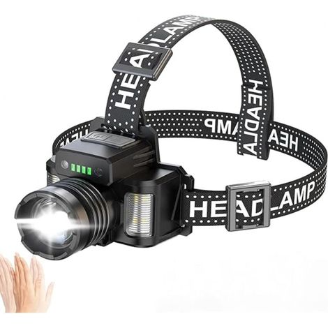 Wiederaufladbare LED-Stirnlampe, extrem leistungsstark, 50.000 Lumen, 3+3 Modi, Sensor und Rot-/Blaulicht, USB-aufladbar, 45° verstellbar, IP65 wasserdicht, für Camping und Wandern (1/4)