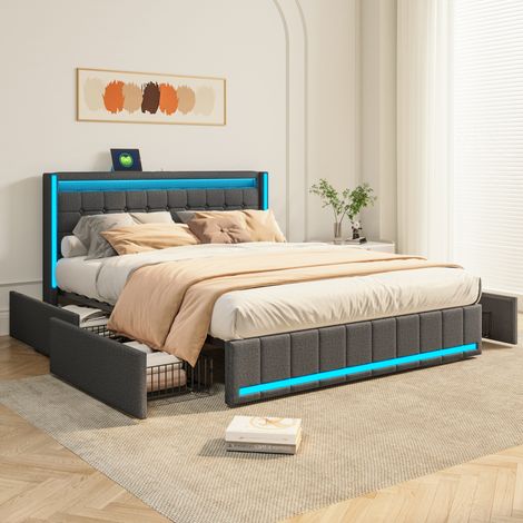 Doppelbett (140x200x100 cm), mit 4 Schubladen, LED Beleuchtung, USB-C und USB-A, Massivholz und MDF, Dunkelgrau (1/5)