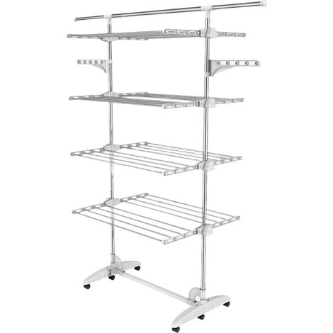 Todeco – Etendoir à linge 4 étagères – Tubes en acier inoxydable – Avec ailes et barre supérieure étendue – Dimensions déployées 87,9 x 66,0 x 163,1 cm