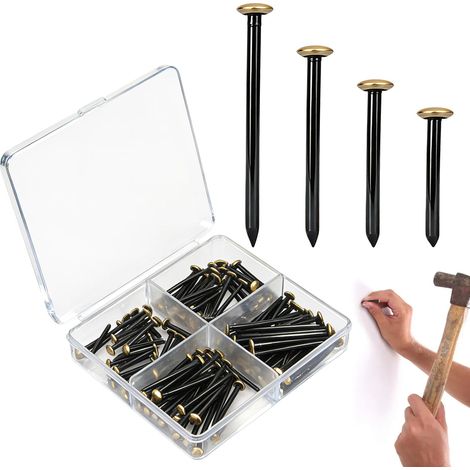 Lot de 120 clous à suspendre pour tableau - 20/25/30/40 mm - Clous muraux en acier au carbone avec tête en cuivre - Clous en acier pour cadre photo et béton - Avec boîte de rangement - Diamètre : 2 mm (1/5)