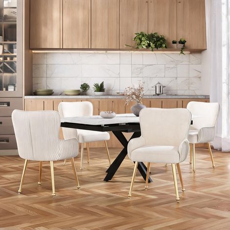Set de 4 fauteuils de salon en velours beige doré (1/5)