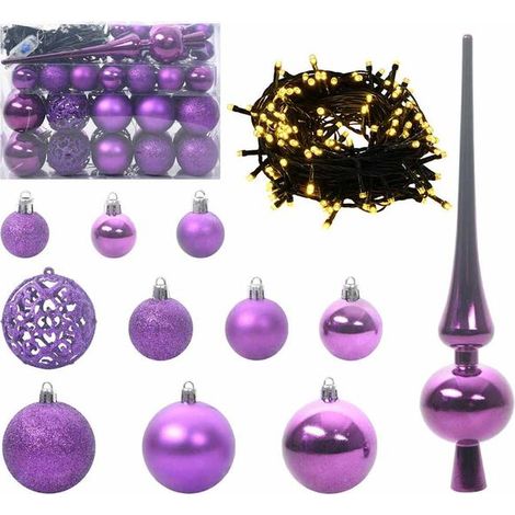 Ensemble de boules de Noël, contenant 150 lumières LED, 61 boules au total, en plastique violet clair. (1/5)