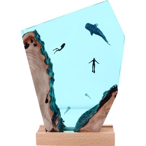Ornements artistiques de bureau en résine époxy, fait à la main, plongée dans l'océan, baleine, veilleuse, grotte, requin, lampe en bois, cadeau