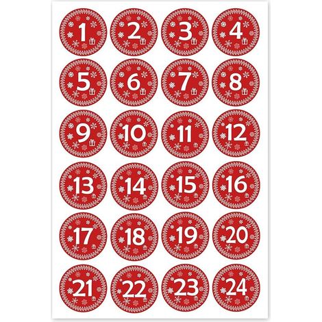 Autre décoration de Noël, ronde 30x30mm - Autocollants calendrier de l'Avent 1 à 24 - style rouge vintage - étiquettes - livrets - calendrier de l'Avent - rond - découpe à faire soi-même (1/5)