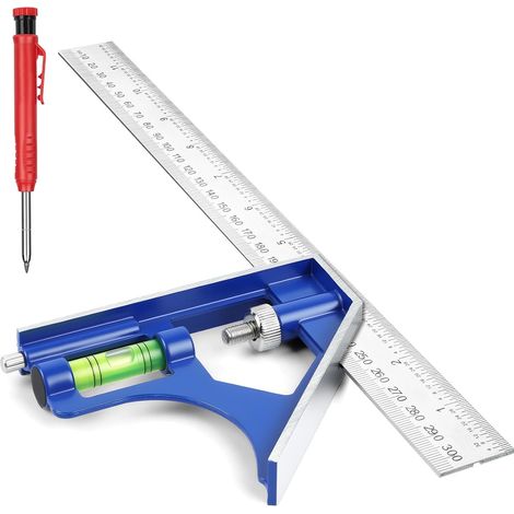 300mm Combination Square with Pencil, Combination Angle Ruler, Stainless Steel Combination Square, with Spirit Level, 45/90 Degree Ruler for Measuring, Marking, and Drawing (1/5)