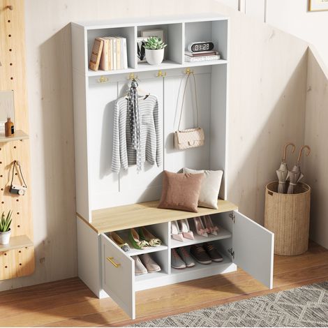 Garderobenset aus MDF und Spanplatte, Natur und Weiss, mit Sitzbank und Stauraum, 105 x 40 x 180 cm (1/5)