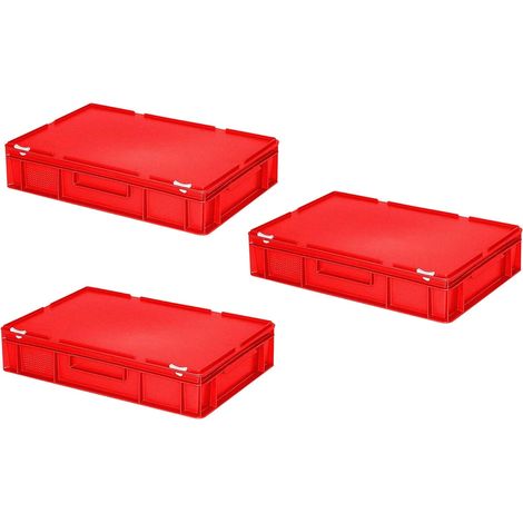 BRB 3x Eurobehälter mit Deckel, PE-HD, LxBxH 600x400x130 mm, 23 Liter (rot)
