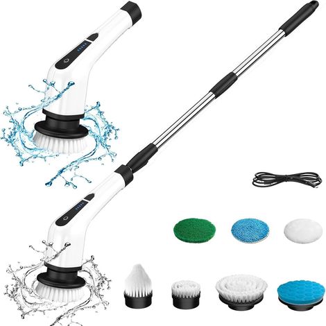 Brosse nettoyage sans fil 3000mAh, 7 têtes remplaçables vadrouille carrelage baignoire manche ajustable blanc