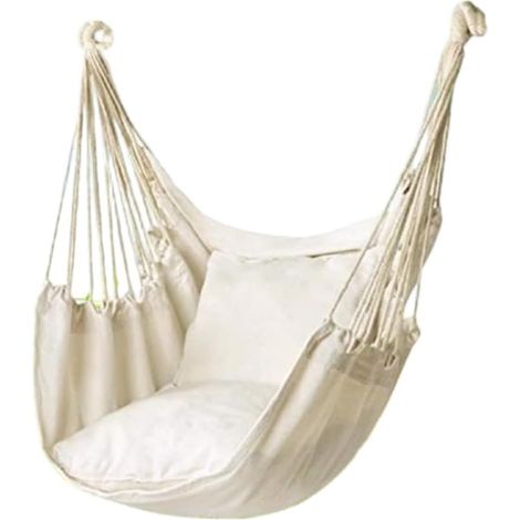 Fauteuil suspendu en coton pour jardin, balcon, chambre à coucher, intérieur et extérieur, avec coussin de siège, coussin et sac de rangement (blanc) (1/5)