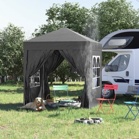 Pavillon pliant 2x2m avec 4 murs latéraux et fenêtres, protection UV, tente de jardin avec sac de porte, acier Oxford noir