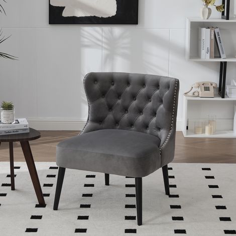 Silla de comedor de terciopelo, tapizada, con decoración de remaches y botones, ideal para sala de estar o dormitorio, con patas de madera y acabado gris (1/5)