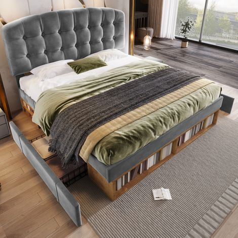 MEUBLIV Cama 140x190 cm gris – cabecero ajustable, almacenaje, sin colchón (1/5)