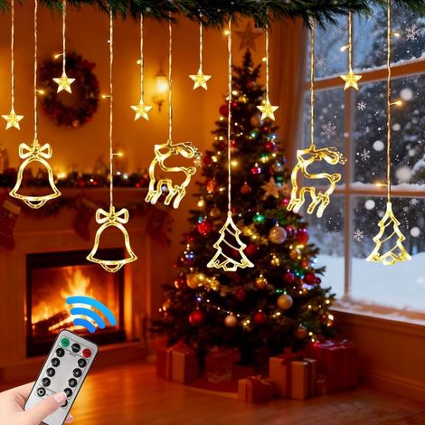 Luz navideña para ventana - Decoración navideña - LED a pilas - Con 8 modos de parpadeo - Con temporizador y mando a distancia - Para decoración navideña, balcón, fiesta