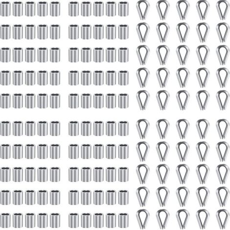 100 manchons en aluminium de 1/8 pouce et 50 cosses en acier inoxydable M3 pour outil de sertissage de câbles métalliques