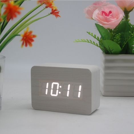 MINKUROW Reloj De Escritorio Hora/Fecha/Temperatura Despertador Marrón Cuero De Imitación Rojo Led Madera Blanca Letra Blanca (1/5)