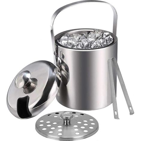 Seau à glace avec couvercle et pince, 1,3 L, double paroi, en acier inoxydable, avec passoire. Refroidisseur à vin pour la maison, les fêtes et les cocktails. (1/5)