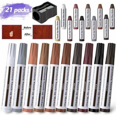 HOXILEELEO - Kit de réparation de meubles 21 pièces – 10 marqueurs et 10 bâtonnets de cire – Palette de 10 couleurs pour le bois – Résultats immédiats (1/5)