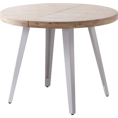 Table à manger, table de repas ronde extensible en bois coloris chêne nordique, pieds en métal coloris blanc - diamètre 120-200 x hauteur 76 cm (1/5)
