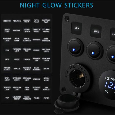 The 5+3 peephole panel features dual QC3.0 USB fast charging ports, an LED digital voltmeter, and a cigarette lighter socket. (1/4)