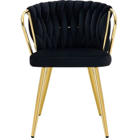 Chaise salle à manger velours noir moderne dossier tressé capitonné pieds dorés ergonomique salon cuisine 43x58x76cm
