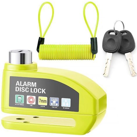 Antivol de frein à disque avec alarme antivol, pour vélos, trottinette électrique, motos, etc., Jaune (Corde de sécurité Étiquette (1/4)