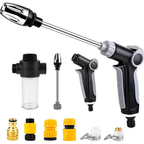 Pistolet haute pression pour tuyau d'arrosage avec blocage et régulateur d'eau, 3 types de jet, ergonomique et inoxydable, idéal pour voiture, jardin et nettoyage (1/5)