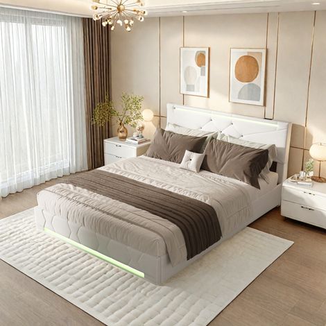 Lit 140x200 avec rangement, cadre lit avec éclairage led & port usb, tête de lit ajustable, lit double pour adultes, beige lin rembourré (1/5)