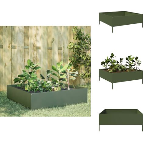 The Living Store Lit surélevé de jardin vert olive 100x100x25 cm acier - Jardin vert olive (1/5)