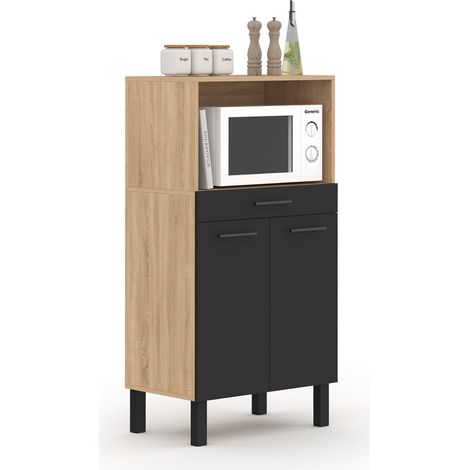Halbhohes Küchenbuffet für Mikrowelle 60 cm CINA 1 Schublade 2 Türen in Buchenholzoptik und Schwarz
