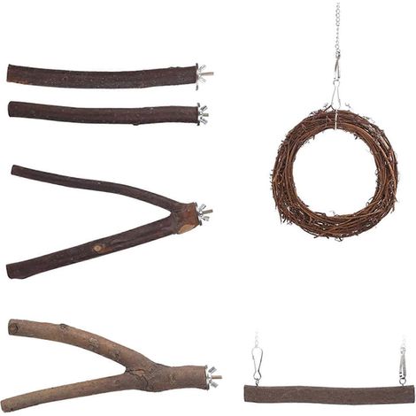 Lot de 6 perchoirs en bois naturel avec barre d'escalade et balançoire circulaire