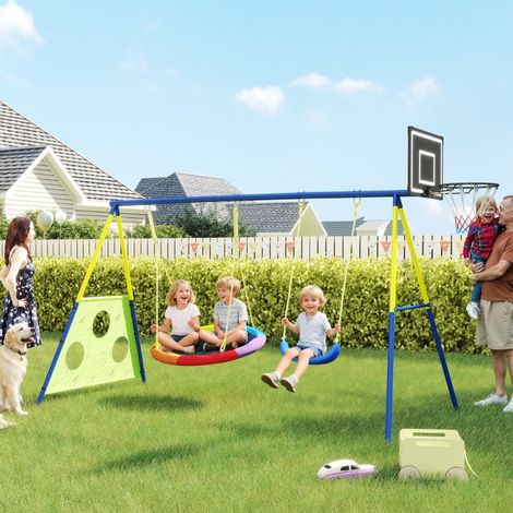 Ensemble de balançoire 4-en-1 jusqu’à 150 kg avec balançoire nid,panier de basket,porte-ballon de football,balançoire en U 288 x 160 x 220 cm