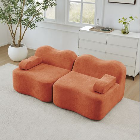 Modulares 2-Sitzer-Sofa Orange Samt mit Wellenform, tiefer Sitzfläche und beweglichem Armlehnenkissen (1/5)