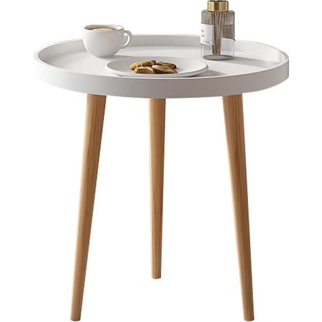 Table Basse Ronde Petite Table Basse  Table de Chevet Ronde avec 3 Amovible Pieds en Bois Massif, pour Salon, Chambre, Balcon-Blanc 40x44cm