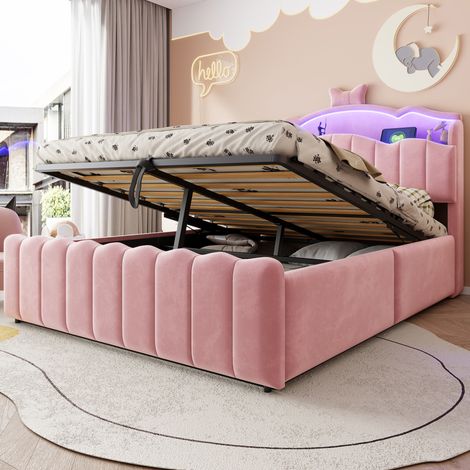 Lit coffre 140x200 cm multifonction avec rangement hydraulique, LED, USB et USB-C, tête de lit, velours - rose (1/5)