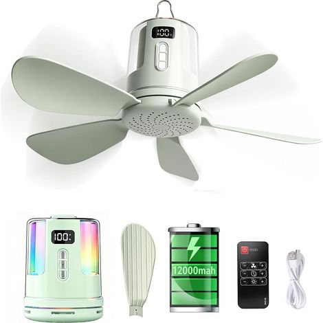 Ventilateur de plafond portable 10800 mAh avec éclairage, télécommande, 4 vitesses et 3 niveaux de luminosité, minuterie, ventilateur de camping extérieur, ventilateur de tente rechargeable par USB (1/5)