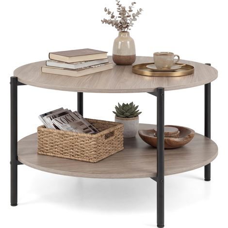 COSTWAY Round Coffee Table 2-Tier Industrial Accent Table w/Open Storage Shelf