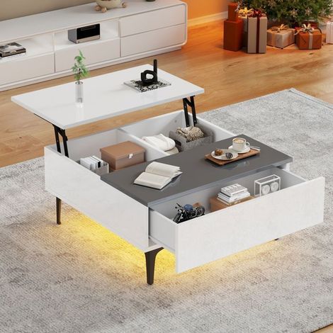 Table basse 70x70x40, blanc brillant Table basse salon, plateau relevable, rangement intégré, LED intégrées (1/5)