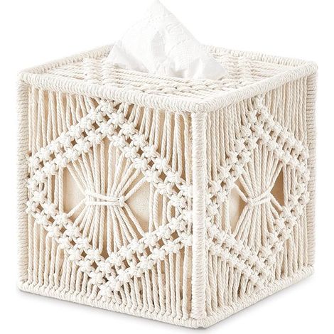 Porta fazzoletti quadrato con fondo aperto in stile boho, fatto a mano, scatola cubica intrecciata per bagno, camera da letto, comò, soggiorno, (1/5)