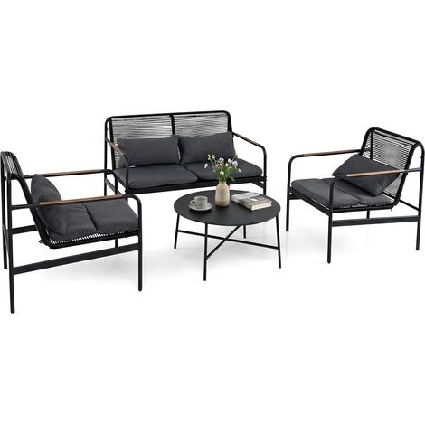 COSTWAY Set di 4 Pezzi da Giardino,Set di Tavolo e Sedie in Vimini con Tavolino da Caffè e Cuscini (1/5)