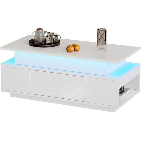 ELVMI Höhenverstellbarer Couchtisch mit 1 Schublade, verstecktem Stauraum und LED, für Wohnzimmer, Weiß (1/5)