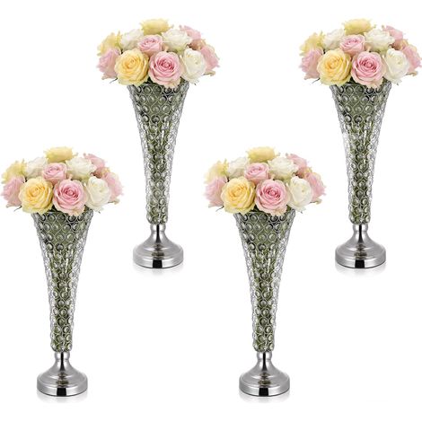 VEVOR 4 Stk. Hochzeitsvasen Tafelaufsatz Blumenvasen für Hochzeit 51 cm Hoch, Metall Tafelaufsatz Vasen mit Kristall Blumenständern, Trompete Vase für Hochzeiten Party Jubiläumsfeier Zeremonie, Silber (1/5)
