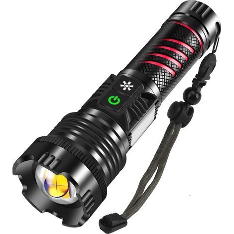 Linterna LED ultra potente de 20000 lúmenes, recargable por USB-C con luz roja, 8 modos ajustables, linterna táctica impermeable para acampar, hacer senderismo y emergencias. (1/5)