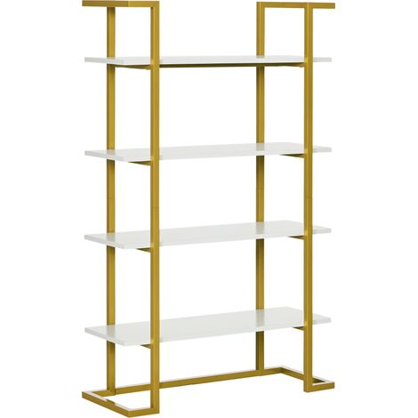 Libreria mobile multifunzionale a 4 ripiani rialzati, in MDF e acciaio, 92x35x152 cm, bianca e oro.